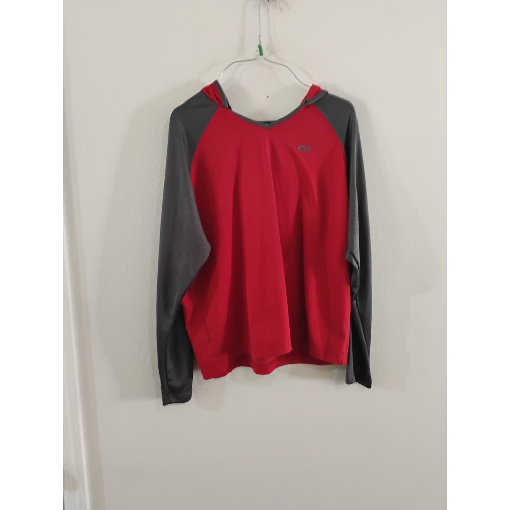 Reebok Mens XL Red Grey Colorblock V-Neck Lightweight Hoodie Activewear Top